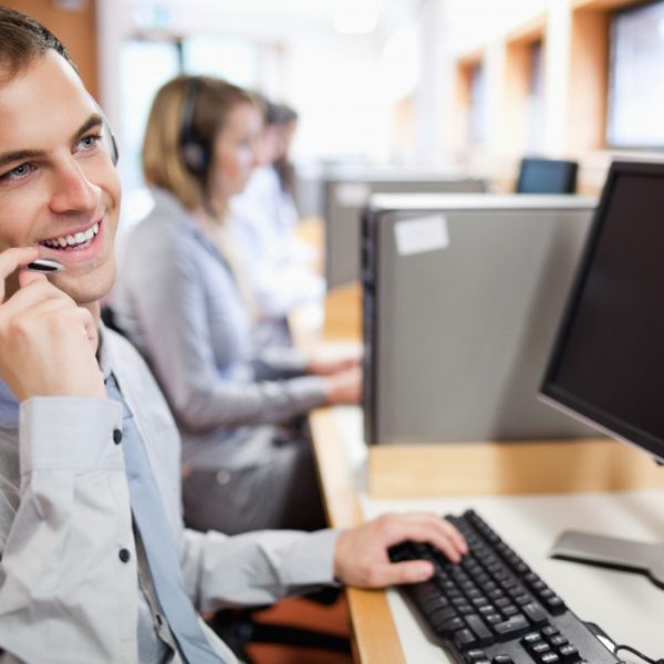 A call center agent talking to a customer